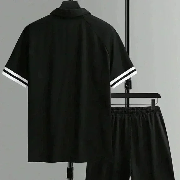 Black Casual Men Striped Trim Polo Shirt & Shorts - Picture 2 of 4